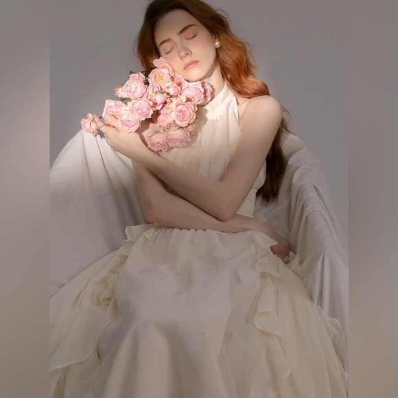 SINCETHEN Timeless Sleeveless Cream Ruffled Tiered Maxi Midi Dress S XS Bridal - Picture 10 of 16